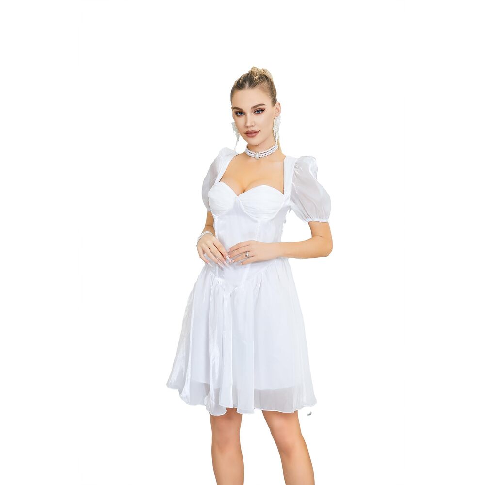 8818 Puff Sleeve Tulle Princess Dress Fairy Ruffle Flowy Mesh Mini Summer
